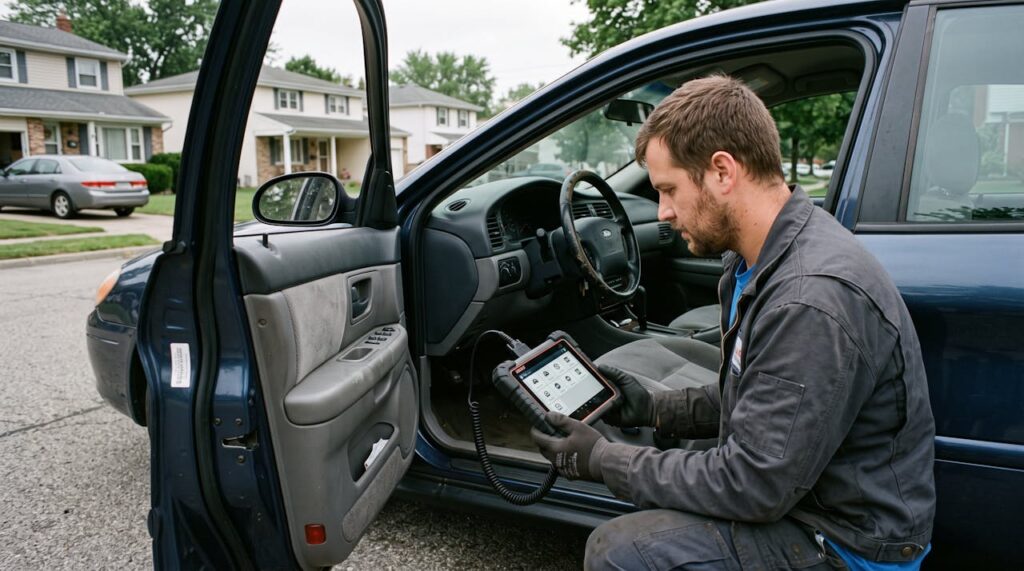 Locksmith programming a car key with a diagnostic tablet